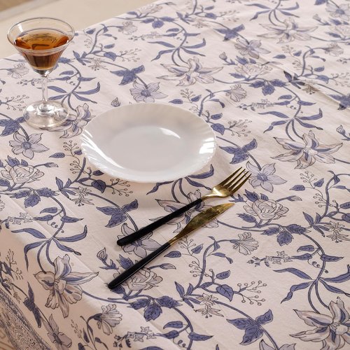 COTSILER 100% Cotton Handblock Tablecloth Round Washable Table Cover Decorative Tablecloths Best for Events,Home,Party,Celebration (White-D15, 90" Round)