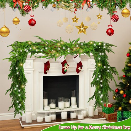 Goldshire 6 Ft Christmas Norfolk Pine Garland with 100 LED Lights, Dense Norfolk Pine Real Touch Garland, Artificial Greenery Garlands for Christmas Holiday Mantle Fireplace Table Home Decor Xmas