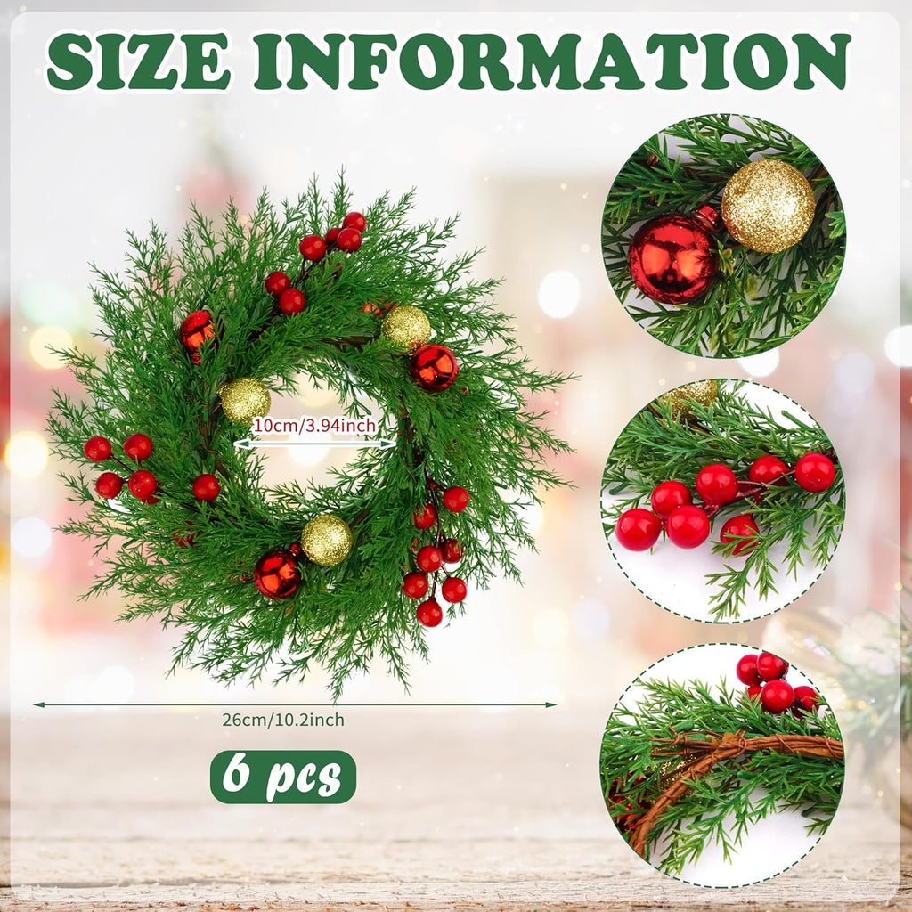 Regine Switzerland Christmas Candle Rings - 6 Pcs Mini Wreaths with Red Berries & Xmas Balls for Holiday Decor