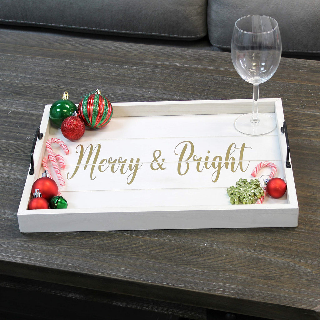Elegant Designs HG2000-WMB Decorative Wood Serving Tray w/Handles, 15.50" x 12", Merry & Bright (Pack of 4)