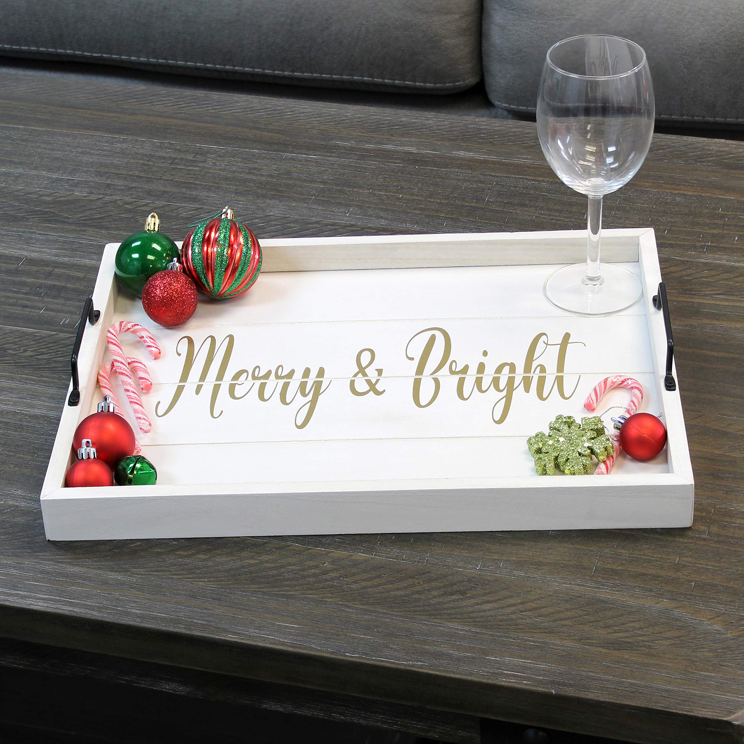 Elegant Designs HG2000-WMB Decorative Wood Serving Tray w/Handles, 15.50" x 12", Merry & Bright (Pack of 4)