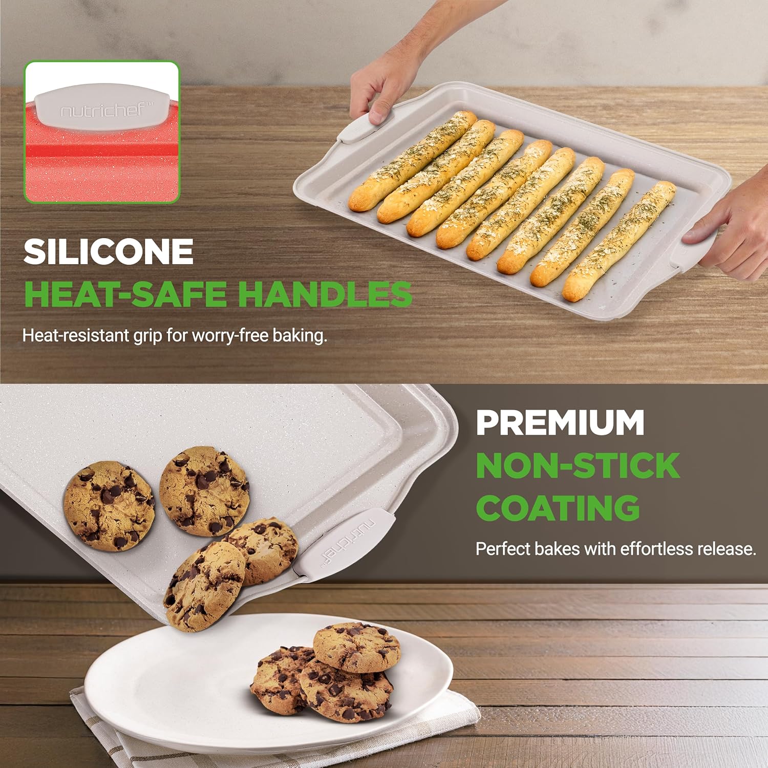 NutriChef Nonstick Cookie Sheets - Premium Carbon Steel Baking Pans with Silicone Handles | Easy to Clean, Cream Marble Finish