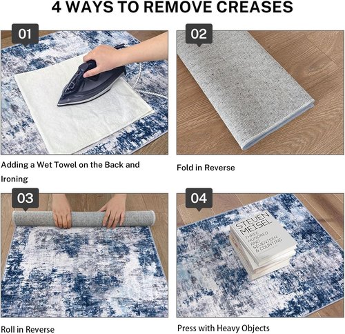 Lansny Modern Abstract Runner Rug - Washable Non-Slip 2x6 Grey Navy Blue Faux Wool Carpet for Home Decor
