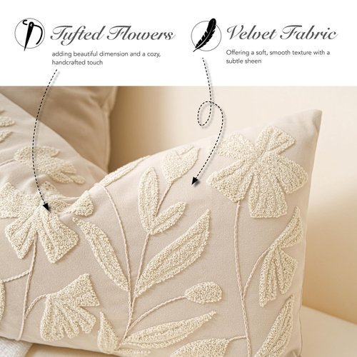 BlissBlush 12x20 Lumbar Pillow Cover, Rectangular Neutral Beige Decorative Throw Pillowcase for Couch Sofa, Embroidered Velvet Farmhouse Accent Cushion (Cover Only)