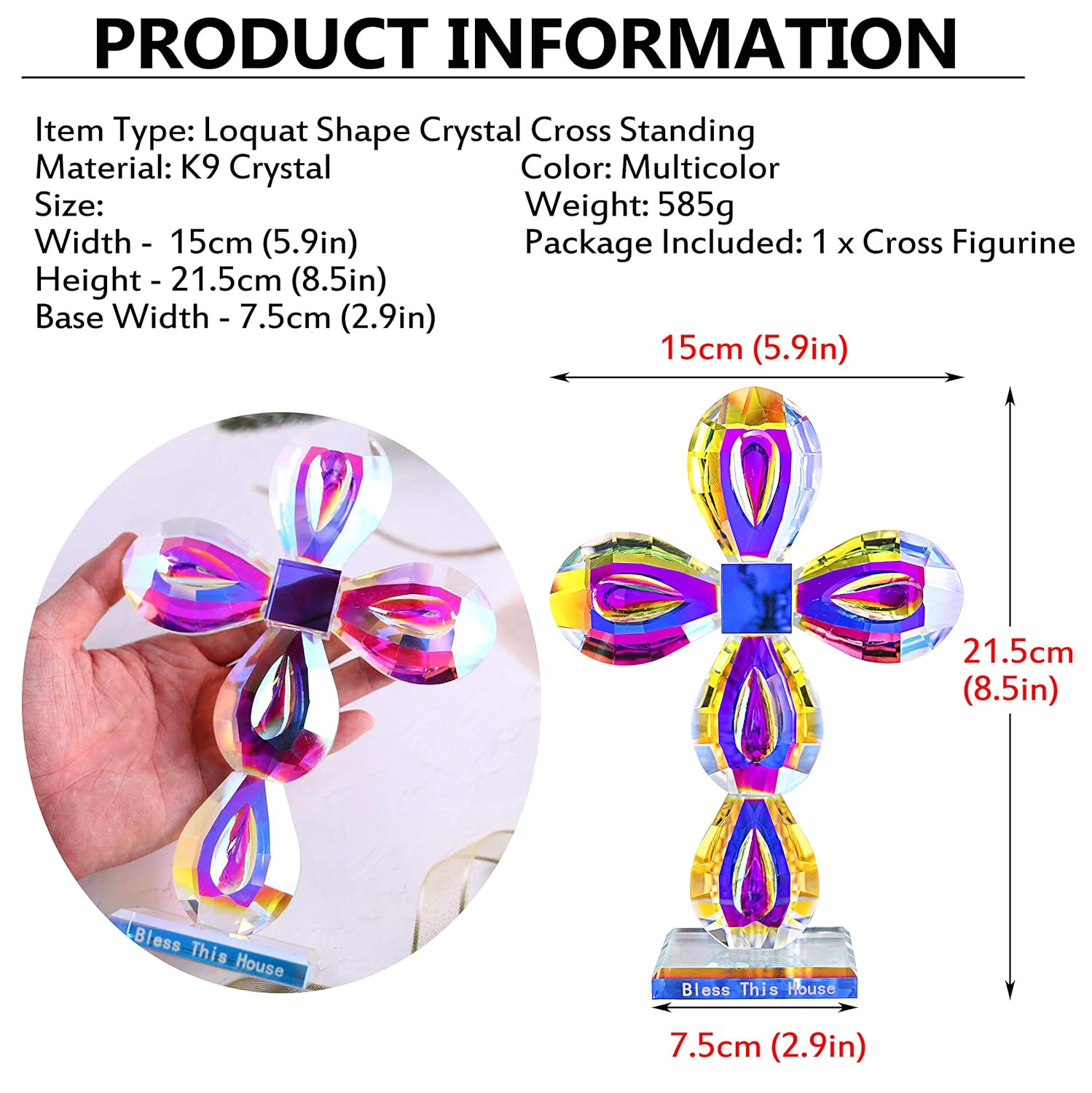 QFkris Crystal Cross Figurine - Elegant 8.5-Inch Tabletop Decor for Home & Gift for Women