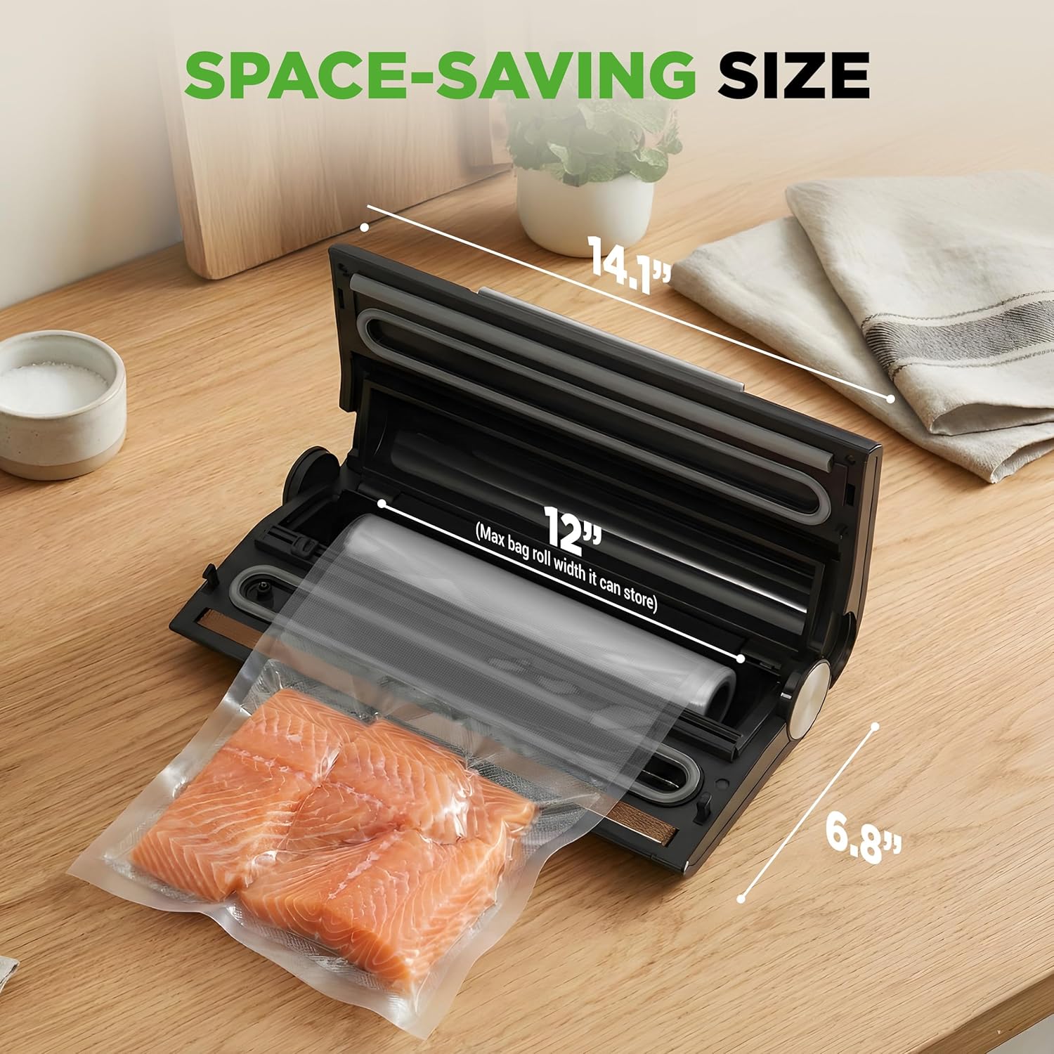 NutriChef Vacuum Sealer Machine - 80kPa Food Sealer with Cutter & Storage | Includes 1 Bag Roll & 5 Vacuum Bags for Freshness