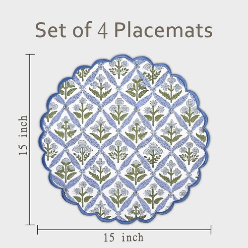 Ridhi Light Steel Blue Bo-ho Round Place Mat Easter Floral Cotton Washable Placemats 15" Round Embroidery Block Print Table Mat Pack of 8-15 Inch Round