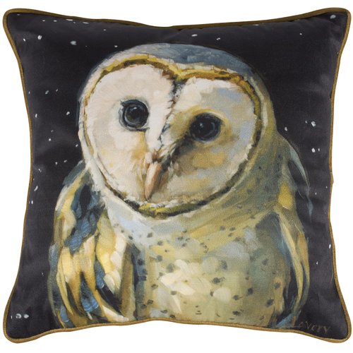 Primitives by Kathy Decorative Throw Pillow with Removable Cover, displaying a Moody barn owl and Night Sky Design with Coordinating Black Velvet on The Back and Gold Piping Trim