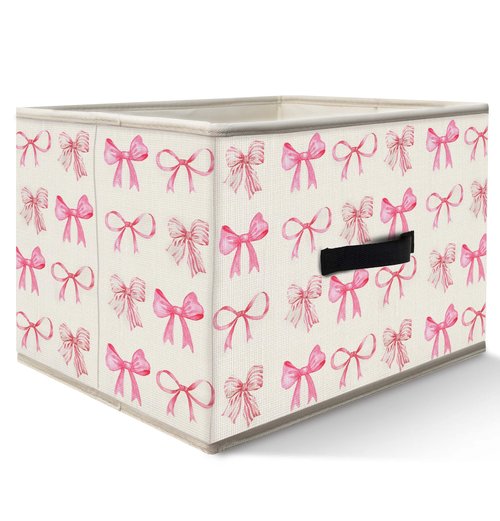 Nogrit Coquette Pink Bow Storage Bins Box, Toybox for Girls, Preppy Pink Foldable Baskets Organizer Container with Handles for Girls Bedroom Dorm Bathroom Clothes Toys Books