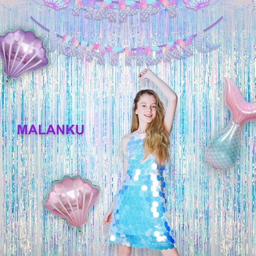 MALANKU Iridescent Streamers - Fringe Tinsel Backdrop Curtain for Mermaid Birthday Parties | 2 Packs, 3.3ft x 6.5ft