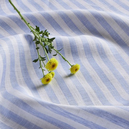 Solino Home Linen Square Tablecloth 52 x 52 Inch - Amalfi Stripe, 100% Pure Linen Sky Blue and White Table Throw - Machine Washable Tablecloth for Spring, Summer, Easter, Mothers Day