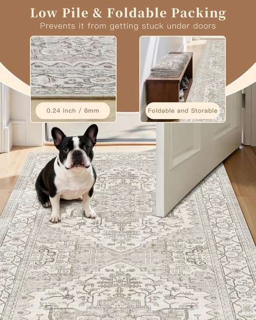 Madane Hallway Runner Rug - Vintage Washable Non-Slip 3x6 Soft Floor Mat | Beige/Brown for Entryway & Living Room