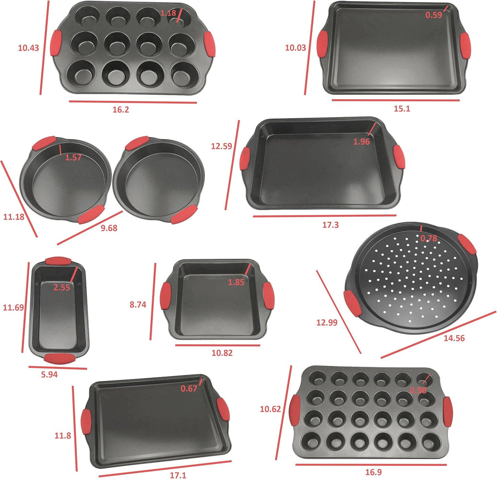 Perlli 12-Piece Nonstick Bakeware Set - Durable Carbon Steel with Red Silicone Handles | Ideal for Cakes, Loaves & Muffins