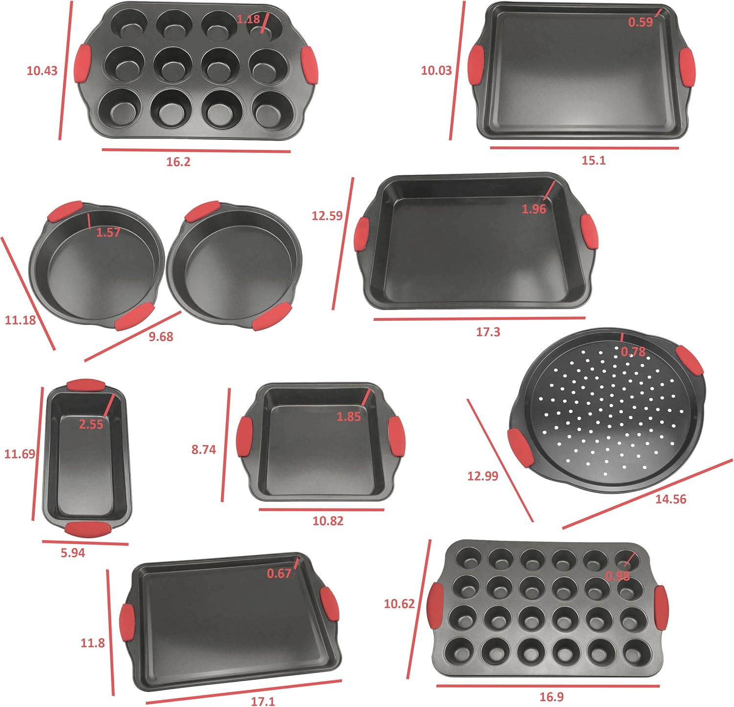 Perlli 12-Piece Nonstick Bakeware Set - Durable Carbon Steel with Red Silicone Handles | Ideal for Cakes, Loaves & Muffins