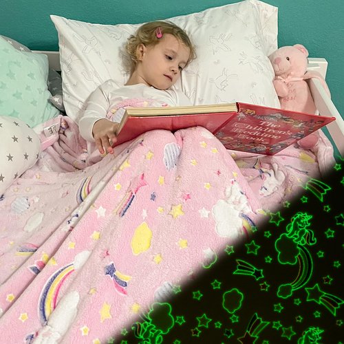 Glow in The Dark Blanket, Kid's Throw, Soft Unicorn Throw, Rainbows, Fun Present for Girls, Pink Blanket, Gift for Girls, Birthdays, Fleece, Travlel, 50"x60"