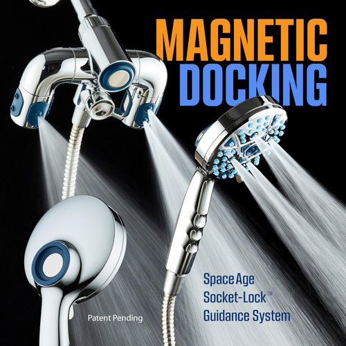AquaCare Polaris High Pressure Multi Zone 208 Setting Shower Head & Handheld 3-way Combo System - Magnetic Docking Handle, Stay-Clean Jets, 6 ft. Metal Hose, All Chrome Finish, Top American Brand