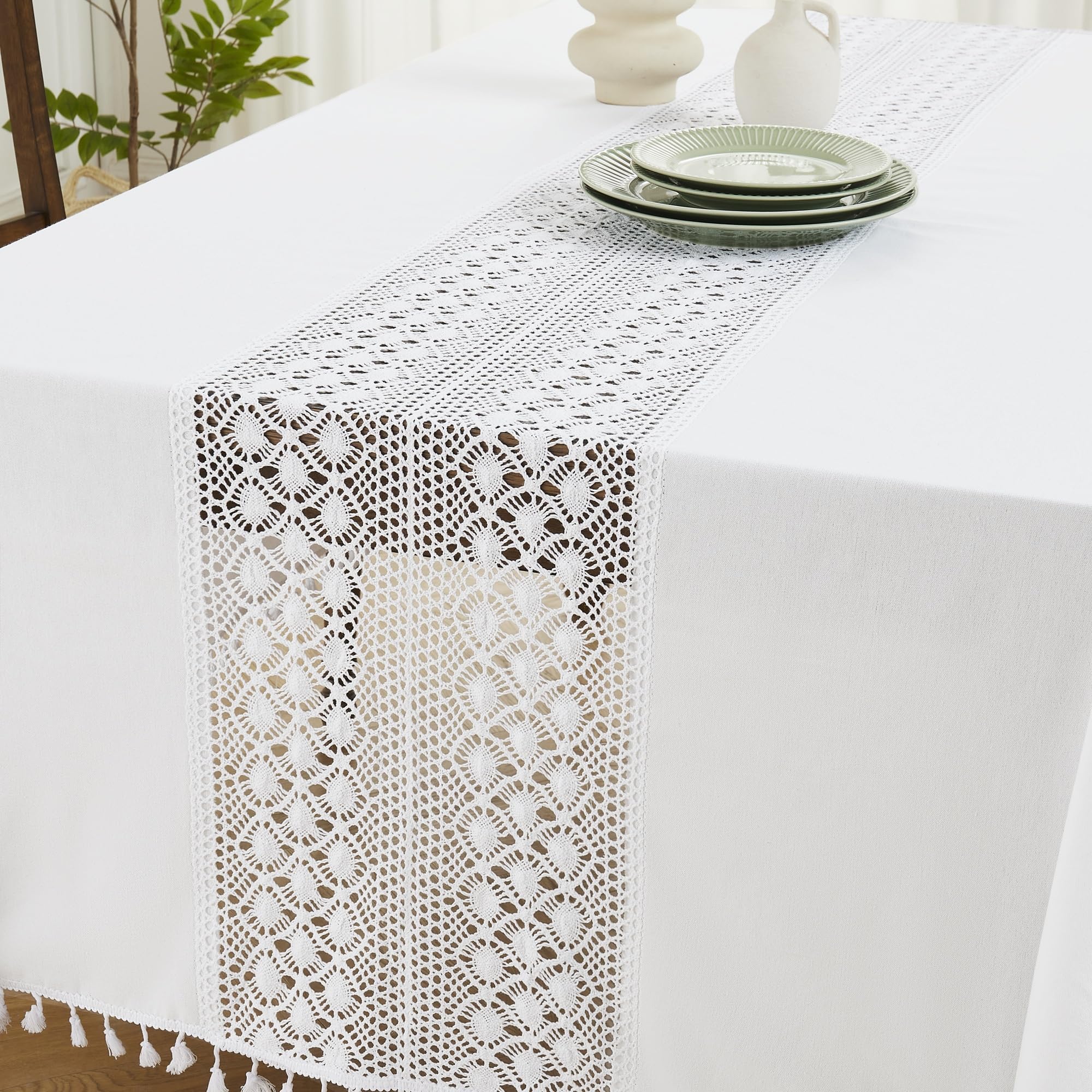 Warm Home Designs Extra Wide 70 x 104 White Oblong Tablecloth with Tassels. Heavy Poly Cotton Crochet Tablecloth is Great for Farmhouse or Vintage Decor, Wedding or Family Celebration. ZA White 104