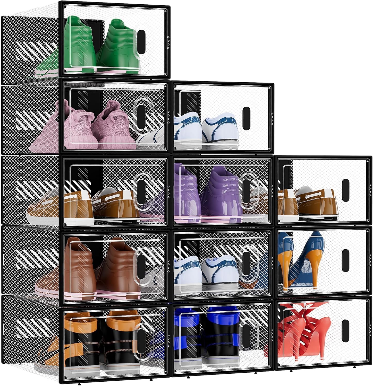 BALEINE Stackable Shoe Storage Boxes - 12 Pack Thickened Clear Plastic Bins with Lids | Large Black