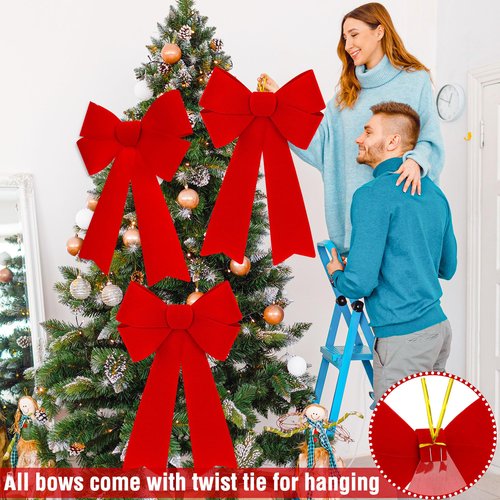 Heartome 4 PCS Christmas Tree Decorations, 12 ×18 Inches Large Red Velvet Bows for Christmas Tree, Plastic Christmas Bows, Outdoor Xmas Bows for Xmas Home Wreath Fence Railing Stairs Fireplace Decor