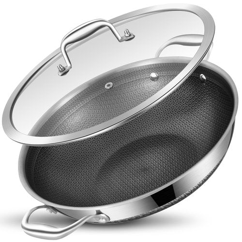 LOLYKITCH 13 Inch New Hybrid Tri-Ply Stainless Steel Wok Pan with Lid,Ceramic Non Stick Stir-Fry Pans,Induction Cooking Pot,Dishwasher and Oven Safe