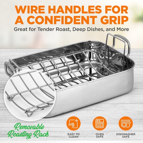 NutriChef Premium Stainless Steel Roasting Pan with Rack – Heavy‑Duty 14″ Turkey Roasting Pan for Turkey, Chicken & Meats (Wide Handles, Dishwasher Safe)