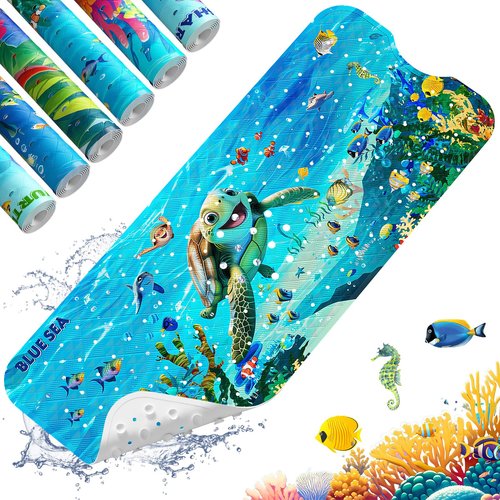 XIYUNTE Baby Bath Mat for Tub Non Slip Kids Bath Mat - 40''x16'' Extra Long Cartoon Bathtub Mat Non Slip Kids Shower Mat Eco-Friendly Toddler Bath Mats with Suction Cups, Machine Washable