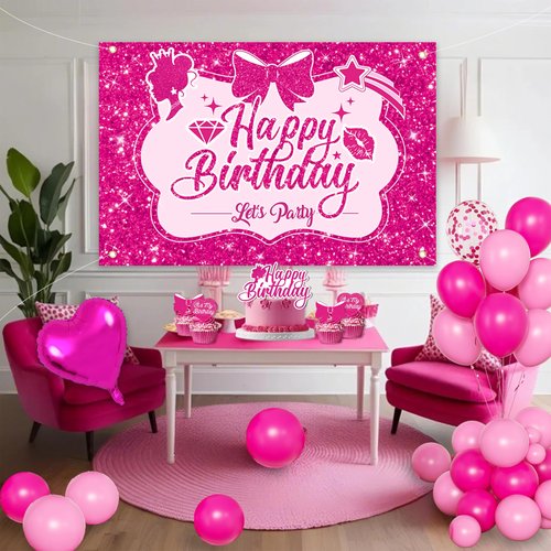 Pink Birthday Party Decorations for girls,Birthday Banner,Pink Backdrop,Hot Pink Balloons Party Decorations