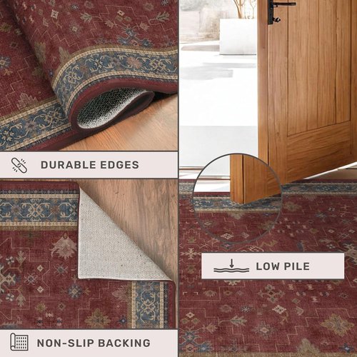 Hazo Haus Non-Slip 10ft Long Hallway Runner Rug - Washable Waterproof Burgundy 2x10 Mat | Oriental Turkish Design