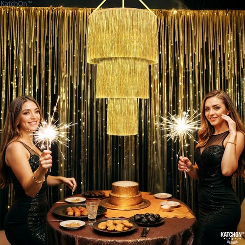 KatchOn, Gold Tinsel Chandelier Party Decor - 20 Inch | Gold Chandelier for New Years Eve Ceiling Decorations | New Years Decorations 2026, Gold Party Decoration, New Years Eve Party Supplies 2026