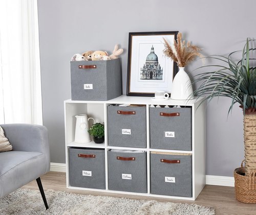 DECOMOMO Storage Cubes - 13x13x13 Fabric Organizer Bins with Labels | Set of 6 in Texture Grey