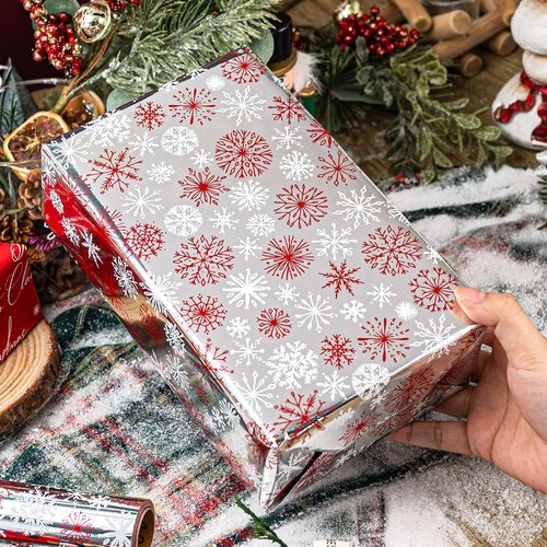 MAYPLUSS Christmas Wrapping Paper Roll - 17" x 33ft - Reversible Red & White Snowflakes for Holiday Gifts
