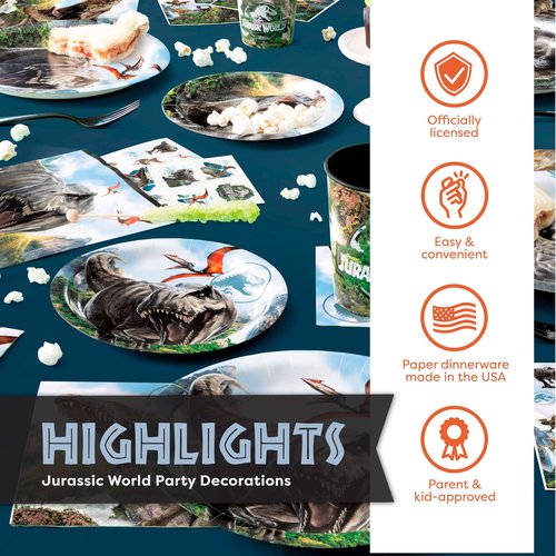 Jurassic Park Birthday Decorations for 16 | Door Poster Backdrop, Banner, Tablecloth, Plates, Napkins | Officially Licensed Jurassic World Party Decorations