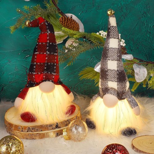 Juegoal Lighted Christmas Gnomes - 12 Inch Handmade Plush Scandinavian Tomte with Buffalo Plaid Hat | Battery Operated Holiday Decor