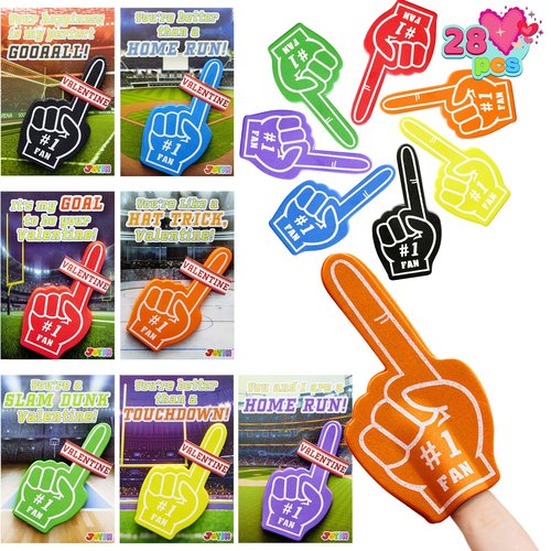 JOYIN 28 Pcs Valentines Day Foam Fingers with Cards for Kids, Valentine’s Greeting Cards, Classroom Exchange Gift for Kids, Holiday Reward Prizes and Party Favor