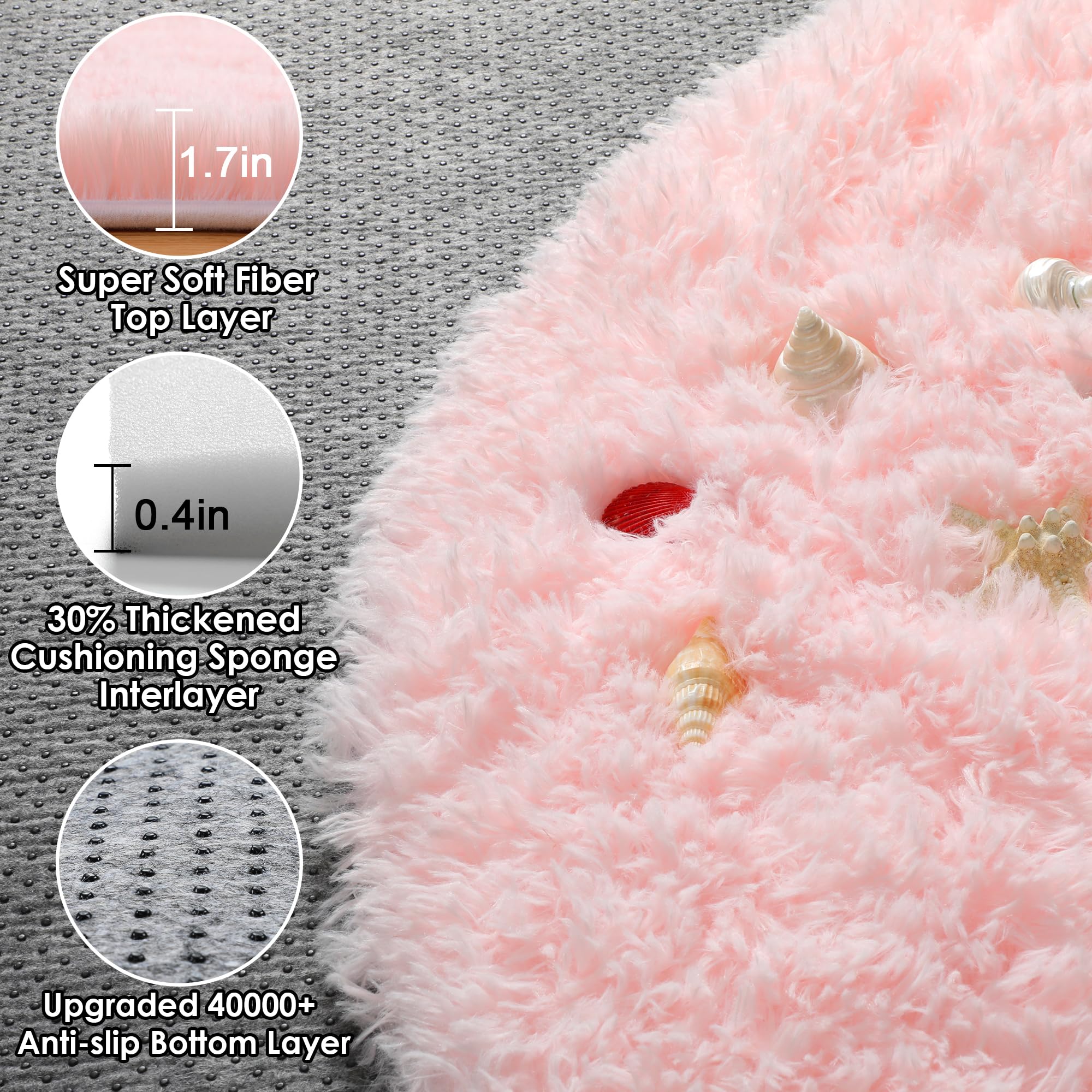 ONASAR Light Pink Fluffy Round Rugs 4ft for Girls Bedroom, Circle Area Rug for Kids Teen, Soft Plush Shaggy Circular Carpet for Nursery Dorm Classroom Playroom Living Room Home Decor Aesthetic