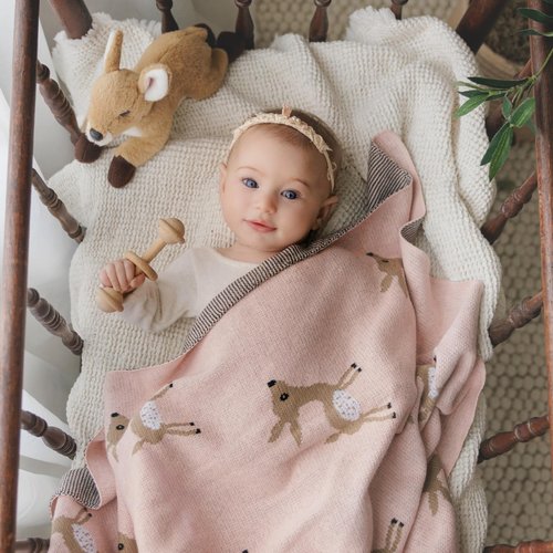 Bleu La La Knit Baby Swaddle Blanket - 100% Cotton Soft Cozy Receiving Swaddle Stroller Blanket for Shower Gift Registry for Newborns, Infants, Toddlers (Deer - Pink)