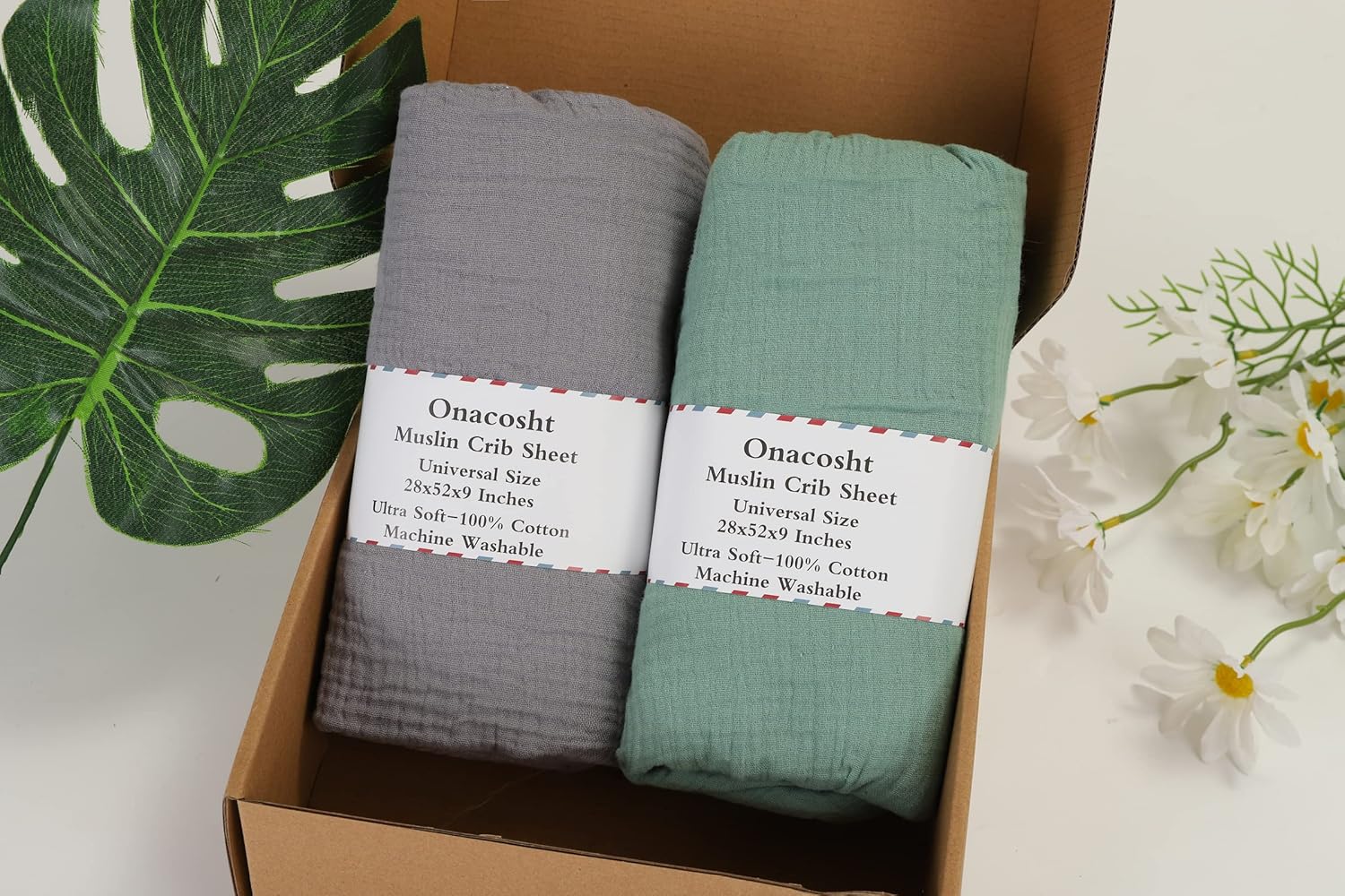 Onacosht Muslin Crib Sheets - Soft, Breathable 100% Cotton Fitted Sheets | 52" x 28" | 2-Pack in Grey & Green