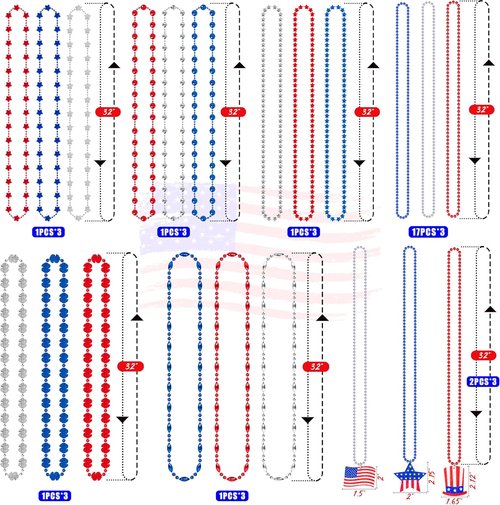 Moon Boat 72PCS 4th of July Accessories - Patriotic Necklaces with Blue, White & Red Beads for Celebrations