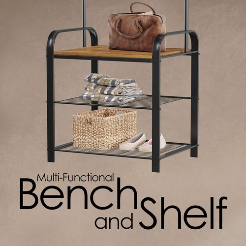 Lavish Home Entryway Coat Rack- Metal Hall Tree-Storage Bench, 18” W, Silver