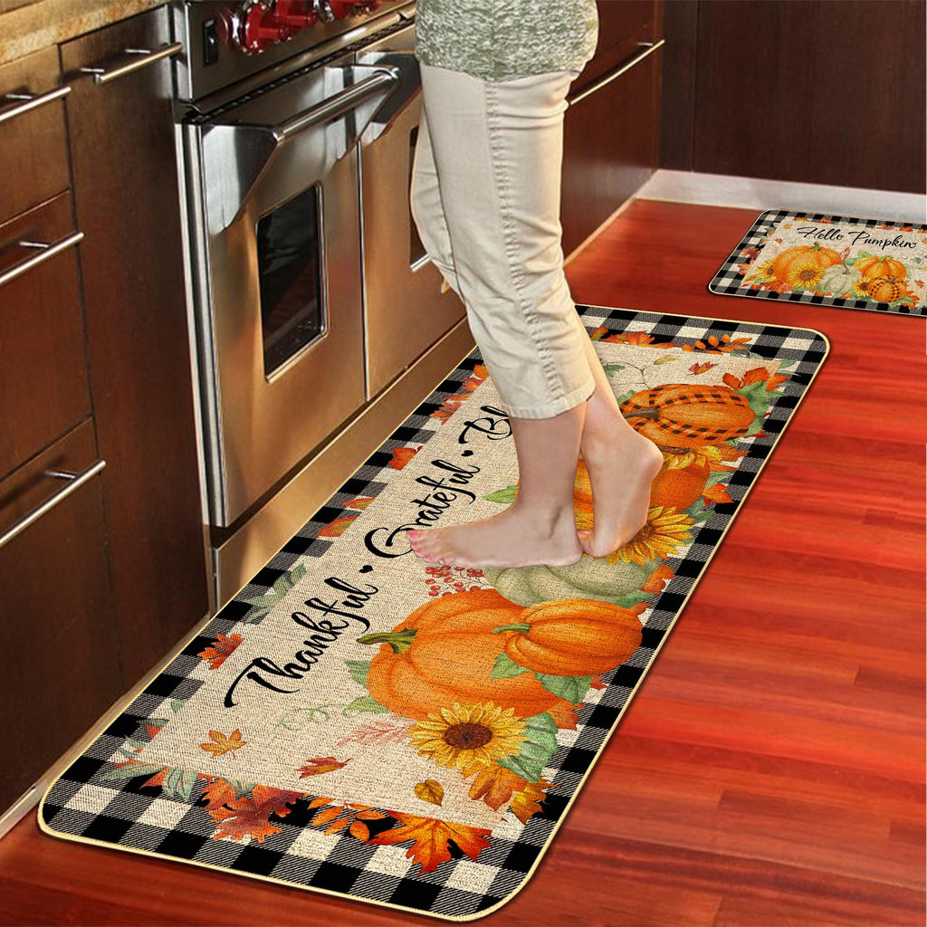 2 Pieces Hello Pumpkin Kitchen Mat Autumn Kitchen Rugs Thanksgiving Decorative Door Mats, Home Seasonal Fall Holiday Party Autumn Maple Leaves Harvest Thankful Grateful Blessed Low-Profile Floor Mat