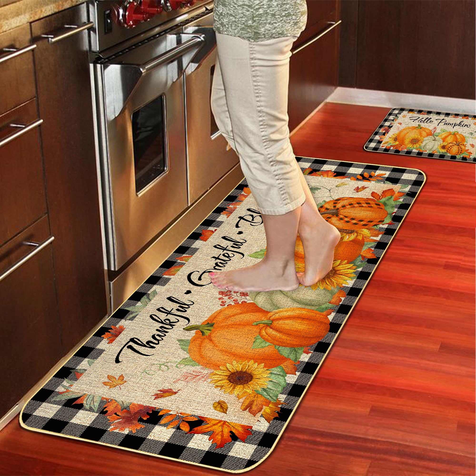 2 Pieces Hello Pumpkin Kitchen Mat Autumn Kitchen Rugs Thanksgiving Decorative Door Mats, Home Seasonal Fall Holiday Party Autumn Maple Leaves Harvest Thankful Grateful Blessed Low-Profile Floor Mat