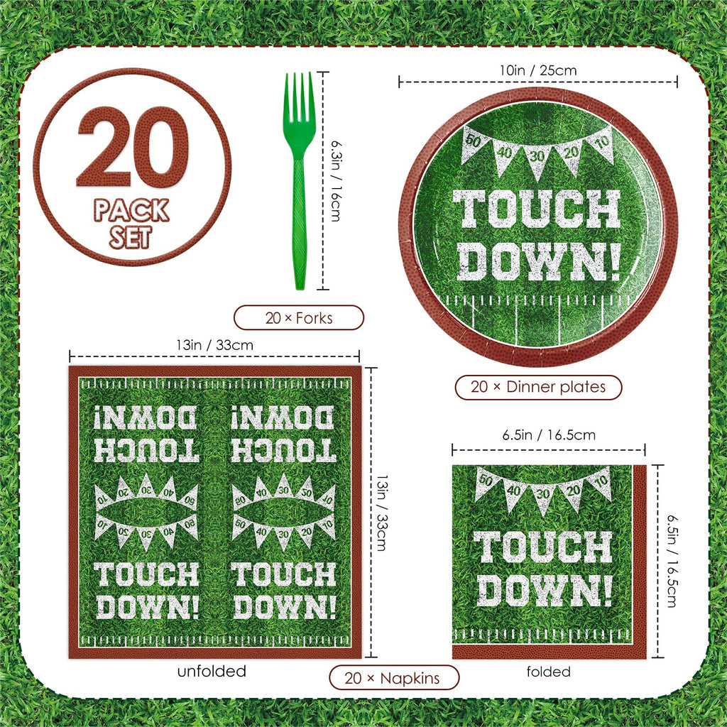 YY 10" Football Party Paper Plates Set Disposable Dinner Plates Serve 20 with 13" Napkins, Forks