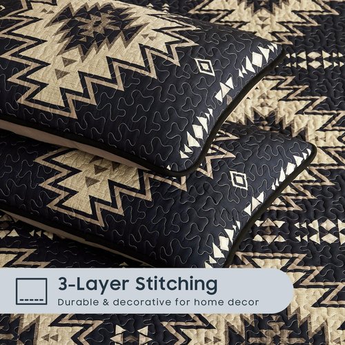Wake In Cloud - Western Quilt Set, Southwestern Rustic Farmhouse Style with Aztec Geometric Pattern, Reversible Lightweight Bedspread Coverlet, 3 Pieces, Black Brown, King Size