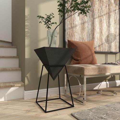 Deco 79 Wood Geometric Inverted Pyramid Accent Table with Black Metal Stand, 14" x 14" x 24", Black