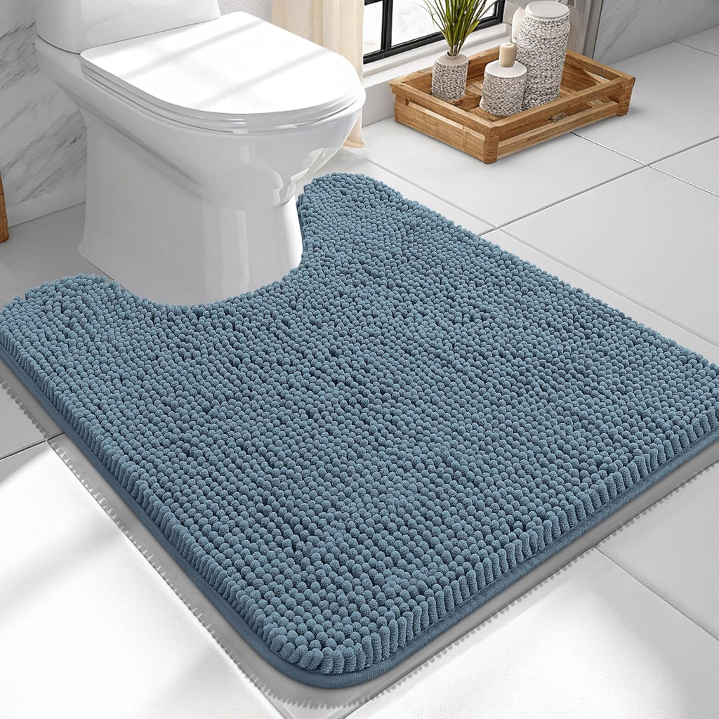 OLANLY U-Shaped Toilet Rugs - Extra Soft Chenille Bathroom Mat | 24x24, Quick-Dry, Non-Slip, Airy Blue