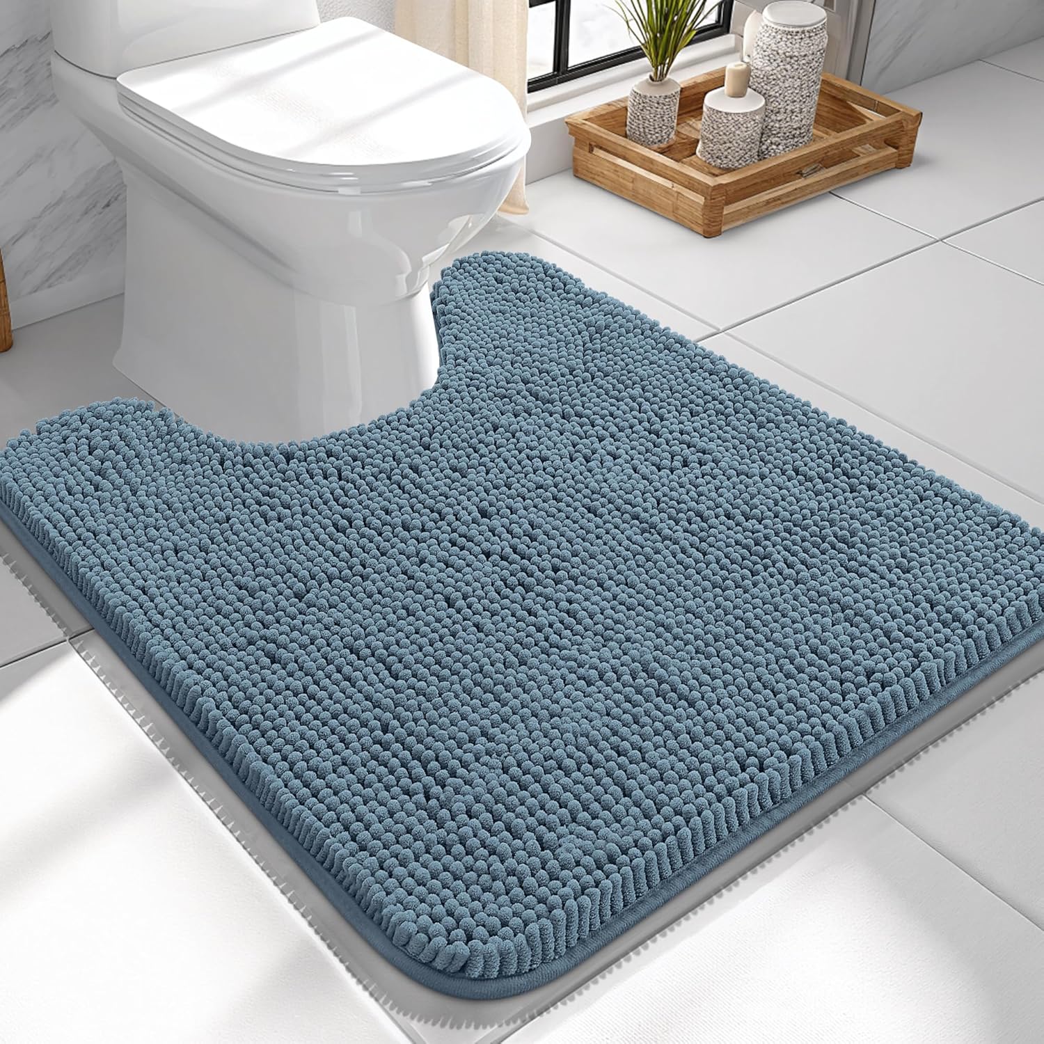 OLANLY U-Shaped Toilet Rugs - Extra Soft Chenille Bathroom Mat | 24x24, Quick-Dry, Non-Slip, Airy Blue