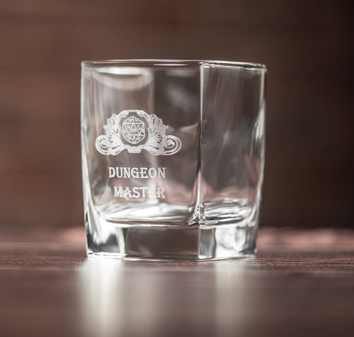 Dungeons Master gift, Whisky Glass with Gift wooden Box, full-grain leather coaster, dragons gifts for men and women unique. Dungeons whiskey glasses