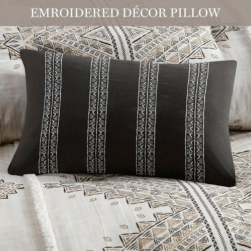 Madison Park Queen Duvet Cover Set, Boho Duvet Cover with Chenille Trims, All Seasons, Microfiber Bedding, Pillow & Shams, Ibiza, Black/Ivory 4 Piece
