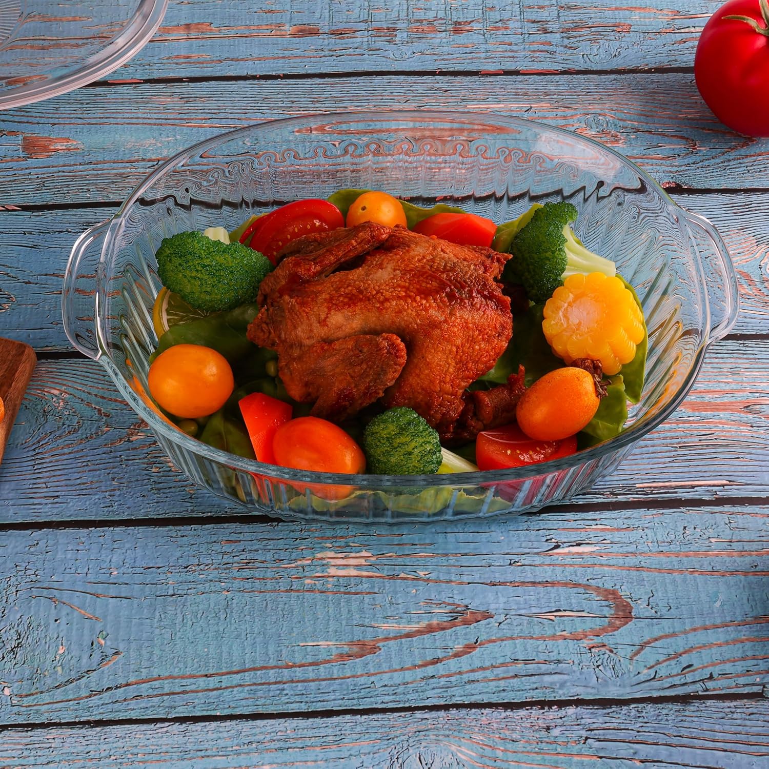 Skiennix Casserole Dish With Lid - 3Qt Clear Oval Glass Baking Dish for Cooking & Serving