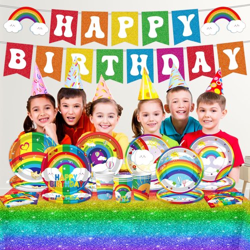 Rainbow Birthday Party Supplies Rainbow Theme Party Decorations for Boy, Include Tablecloth Banner Plate Napkin Cups